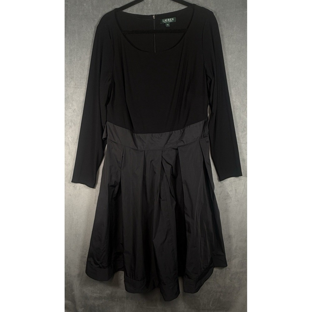 Lauren‎ Ralph Lauren Black Fit Flare Dress 16W Back Bow Long Sleeve Midi